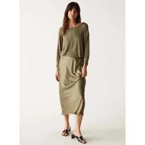 MICHAEL STARS Nadia green olive ribbed knit long sleeve satin midi maxi dress